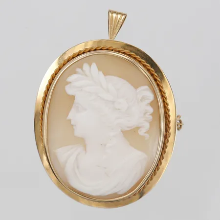 Brosch/Hänge med kamé, höjd: 47 mm, bredd: 40 mm, 18K guld. Bruttovikt: 14,5g Vikt: 0 g