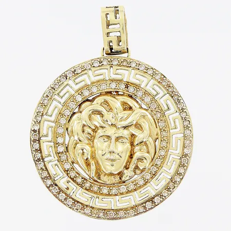 Hänge, medusa, genombruten meanderbård, 37x50mm, skevheter, OBS! ej märkesdesign, 14K Vikt: 12,6 g