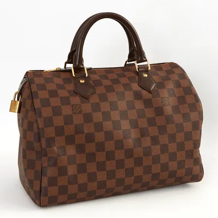 Väska Louis Vuitton Speedy 30, Damier Ebene Canvas, Made in France, datumkod AA4156, vecka 45 år 2016, mått: ca 30 x 21 x 17cm, monogram-märkt, guldfärgade beslag,lås utan nycklar, bruksskick, något fläckig canvas, inga övriga tillbehör.