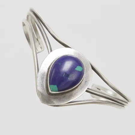 Armband, stelt, öppen modell, 56x41mm, bredd: 6,5-26,7mm, sannolikt azurmalakit, silver, 925/1000 Vikt: 11,9 g