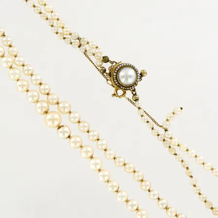 Pärlcollier med lås samt säkerhetskedja i 18K guld, 46cm, stigbert/Engelbert, defekt, bruttovikt 25,2 gram Vikt: 25,2 g