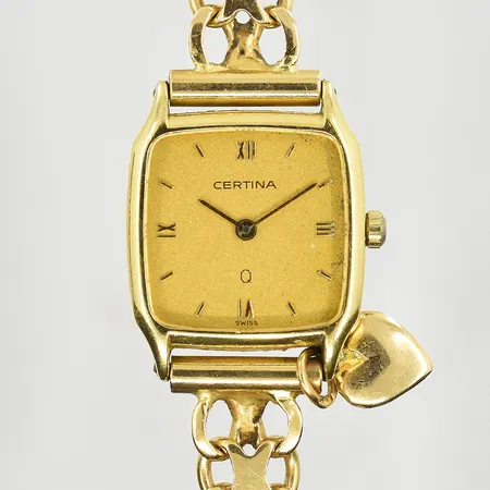 Damur Certina 18K med X-länk samt hjärtberlock 18K, boett Ø20 mm, quartz, boettnr 153.9016.68, behov av batteribyte, bruttovikt 30,0g 