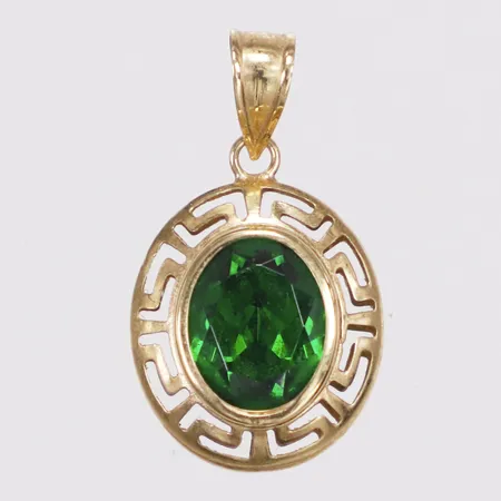 Hänge, meandermönster, grön sten, längd 22mm inkl ögla, bredd 13,4mm, 14K  Vikt: 1,7 g