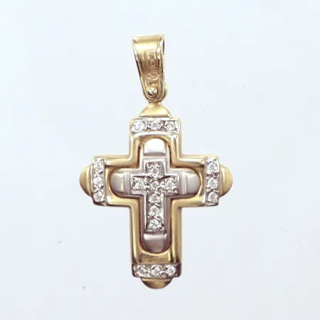 Hänge kors tvåfärgat, små vita stenar, längd 35mm, bredd 22,2mm, 14K Vikt: 9,8 g