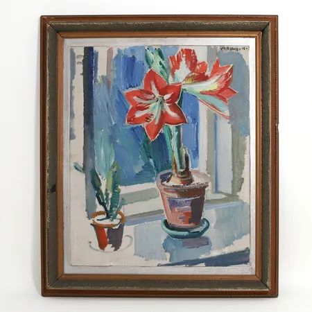 Tavla olja på pannå signerad och daterad Gerhard Wihlborg -40, stilleben, rammått: 86x72cm, ram med skador och avslag Skickas med Bussgods eller PostNord