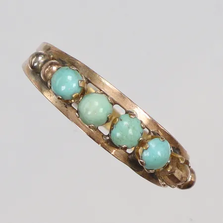 Ring med ljusblå stenar stl 17¾ bredd 2-5mm, saknar sten, skev, 14K Vikt: 1,2 g