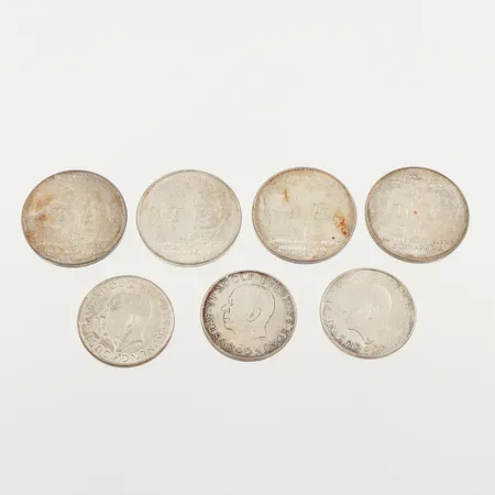 Mynt 4 st 50 kronor, 3 st 10 kronor,silver. Vikt: 162 g