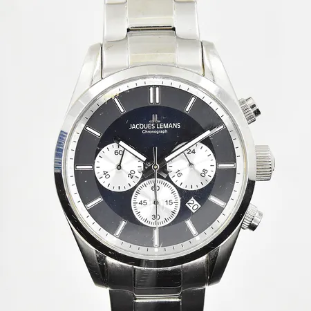 Herrur Jacques Lemans chronograph, boett Ø42 mm, quartz, datum, stål, boettnr 42-6.1, behov av batteribyte, inga tillbehör.