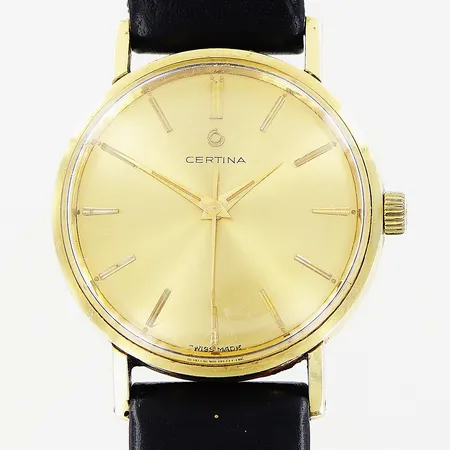Herrur Certina, 14K, manuell, Ø34mm, guldfärgad urtavla, sekundvisare, repigt glas, läderband 24,5cm ej original, bruttovikt 36,6g, inga tillbehör.