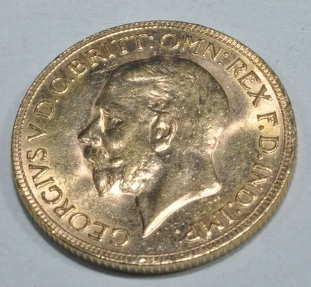 Samlarmynt  Brittisk Guld Sovereign George V,   Ø 22 mm, 22k  Vikt: 8 g