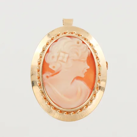 Brosch/hänge med camé, höjd med ögla 32 mm, 18k. Vikt: 3,6 g