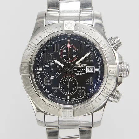 Herrur Breitling Super Avenger II, stål, automatisk, 48mm, ref: A13371, snr: 2874328, Cal. B13 (7750), safirglas, datum, kronograf, professional III länk, viklås, manual, skadat digitalt cert Klockmäster 06-08-2018, box, ytterkartong