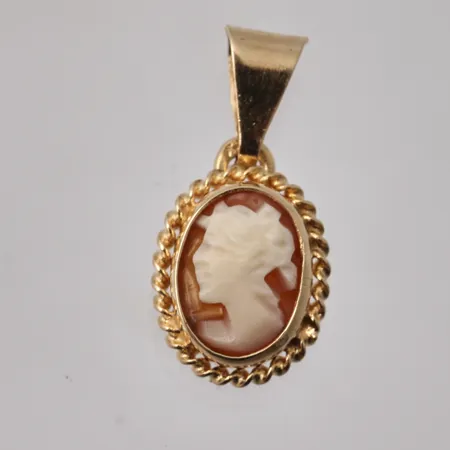 Hänge i 18K guld, mått 8,5x17,4mm, 1st camé, mått 5x7mm, vikt 0,74g.