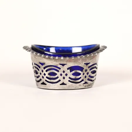 Saltkar med glasinlägg, 55x44mm, höjd ca 30mm, silver Vikt: 7 g