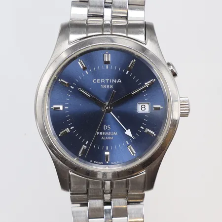Herrur Certina DS Premium Alarm Ø36mm ref nr. 098.7034/7134.42, tidigt 2000-tal, quartz (i behov av nytt batteri), datum, stållänk, bruksslitage 