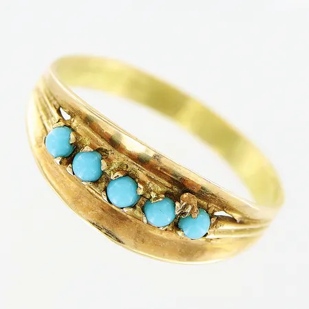 Ring, turkosa stenar, stl 17¾, bredd 2,5-7mm, något skev skena, 14K Vikt: 2,3 g