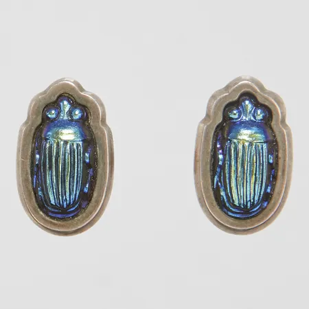 Örhängen, 16mm, Tiffany Favrile glas Skarabe, silver 925, snurrebussar 14K ej original, inga tillbehör. Vikt: 2,9 g