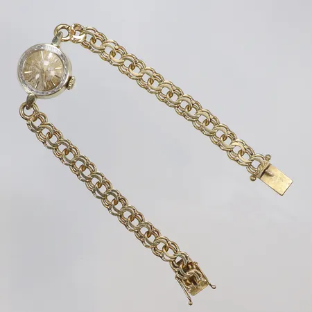 Damur Longines  Ø18mm 14K, manuell uppdragning, ca 1960-tal, fläckig urtavla, med länk 19cm i guld 18K bruttovikt 26,2g 