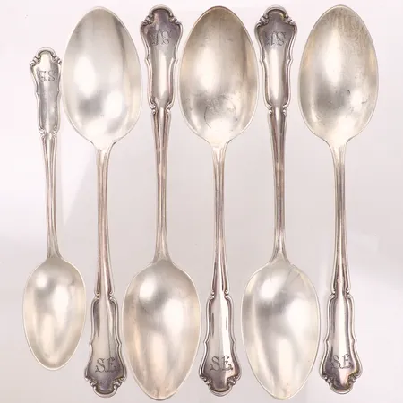 6 Skedar, längd 17,5-21,5cm, en udda del, gravyr, silver 800/1000 Vikt: 368,3 g