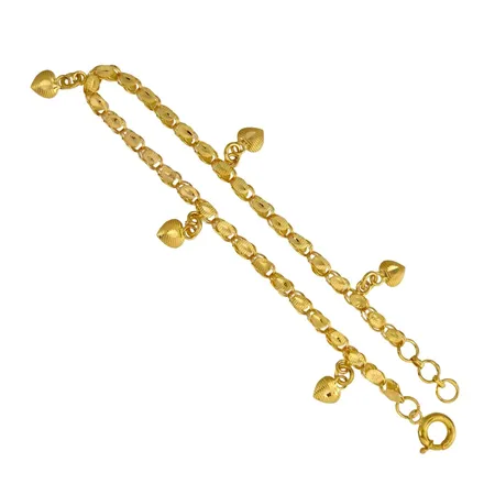 Armband med fem hängande Hjärtan, 21K guld, längd 18,0 - 19,0 cm, länkens bredd 3 mm, fint skick Vikt: 5,4 g
