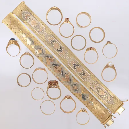 Diverse guld, med stenar, defekt, 18K  Vikt: 167,1 g