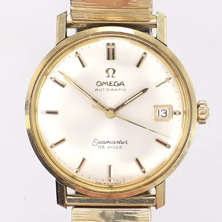 Herrur Omega Seamaster De Ville, Ø34,5mm, manuell, datum, guld på stål, monocoque, mindre repor på glas, flexband i doublé, med box, tickar men ej testad för tidshållning
