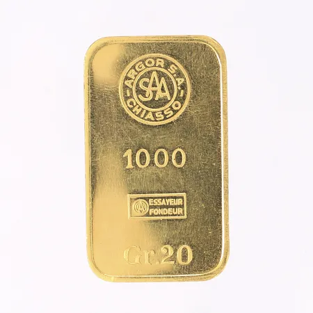Guldtacka, Argor S.A. Chiasso, 40x23mm, skrapmärken, borrhål på baksidan, i etui, finguld 999/1000 24K Vikt: 20 g