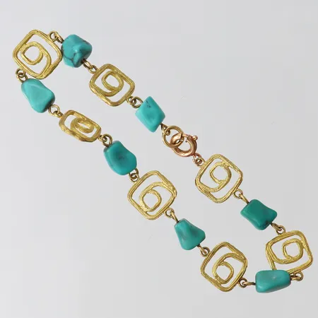 Armband med turkosa stenar, längd 17cm, bredd 5,5-9,5mm, 14K.  Vikt: 6,9 g