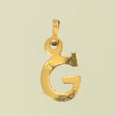 Hänge, "G", längd 15mm inkl ögla, bredd 8mm, 18K, 0,4g Vikt: 0,4 g