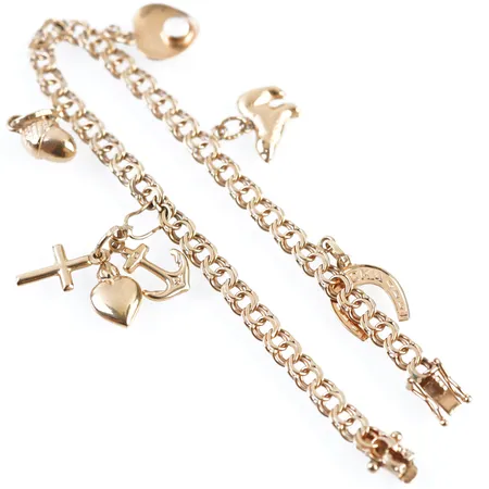 Armband bismarck m 5 berlocker, 17,5cm, bredd 5mm, 18k Vikt: 8,7 g