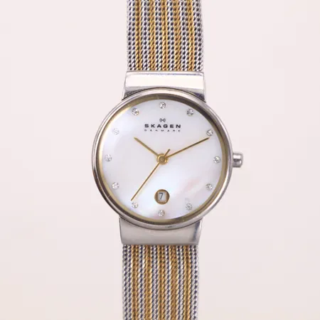 Damur Skagen, stål, quartz, 26mm, boettnr: 355SSGS, 2471502, datum, urtavla med pärlemor, länk i flerfärgat stål, inga tillbehör