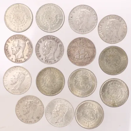 15 Mynt, Gustaf V, olika årtal, silver 800/1000 Vikt: 217,9 g