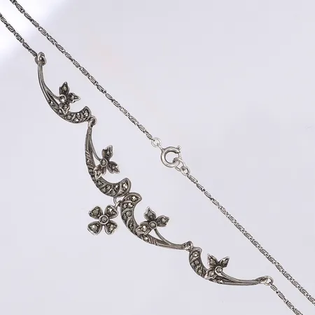 Halscollier med markasiter, 41cm, bredd 1-18mm, importstämplad, silver 830/1000 Vikt: 8,4 g