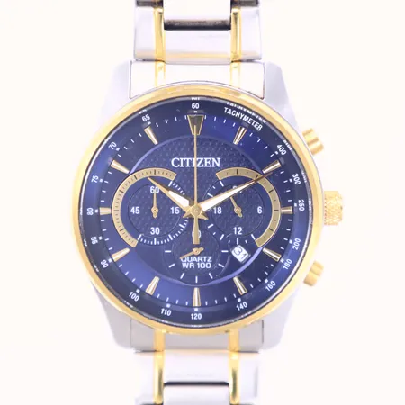Herrur Citizen Sport WR 100, Ø42mm, stål/gulmetall, blå urtavla, quartz, boettnr 0520-S124107, kronograf, datum, kort stållänk, viklås 