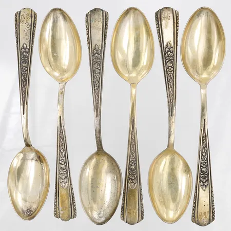 Sex skedar, längd 14,5cm, gravyr, slitna, förgyllda, 835/1000 silver  Vikt: 127,5 g