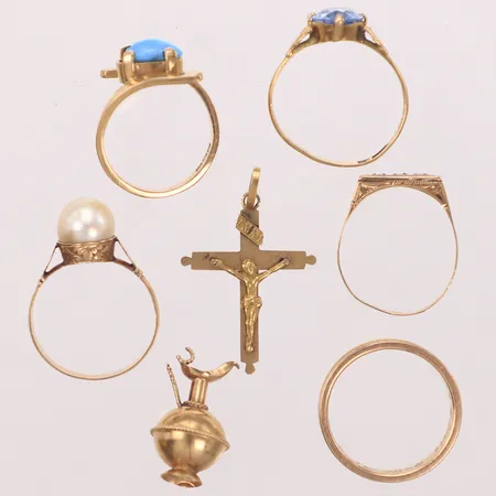 Diverse guld, med stenar, defekt, 18K  Vikt: 14,6 g