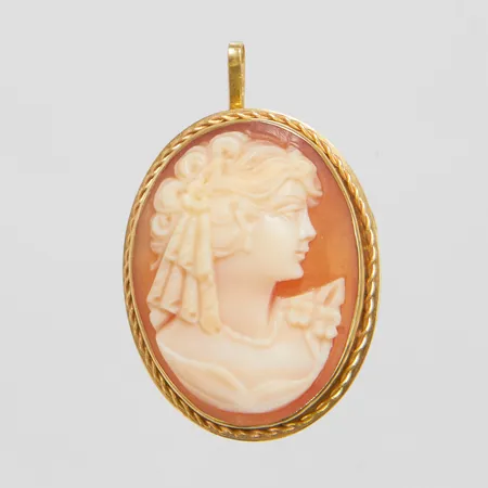 Hänge/brosch, camé, längd ca 33mm, bredd 22mm, 18K, bruttovikt: 4,5g.