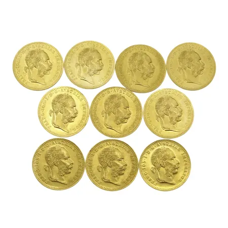 Guldmynt, 10 stycken - 1 Dukat 1915, Franz Joseph I Österrike, 23,6K guld (986/1000), Ø20 mm, samtliga i mycket fint skick, ocirkulerade Vikt: 35 g