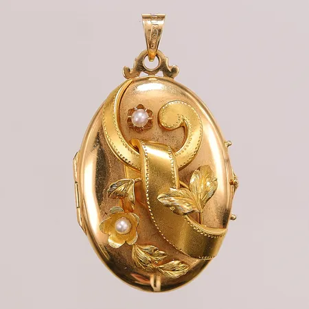 Medaljong/fotogömma med pärlor, 45x25mm,  G. Dahlgren & Co, Malmö år 1949, 18K, 10,6g.