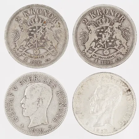 Fyra mynt, 2 Kronor, Sverige, 1897-1938, ca Ø31mm, bruksslitage, 800/1000 silver,  Vikt: 59,2 g