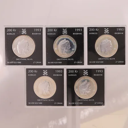 Minnesmynt, 5st, Drottning Silvia, 1993, 200Kr, Silver S925/1000, 135g.