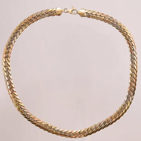 Collier, manglad pansar, 43cm, bredd: 8,5mm, tricolore, ihåliga länkar, Italy, 18K, 34,0g.