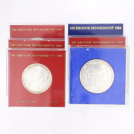 6 jubileumsmynt, nominellt värde totalt 550kr, i plastetuier, silver 925/1000 Vikt: 106,5 g