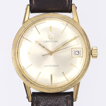 Herrur Certina Certidate, Ø33,5mm, manuell, datum, guld på stål, läderband ej original, bruksslitage, repor på glas och boett, tickar men ej testad för tidshållning