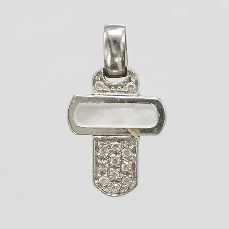 Hänge kors, pärlemor, vita stenar, längd ca 22mm, bredd 6-13mm, lös sten, vitguld, 18K Vikt: 4,1 g