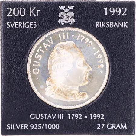Mynt, 200kr, Gustav III 1792, år 1992, 36mm, etui, silver 925/1000 Vikt: 27 g