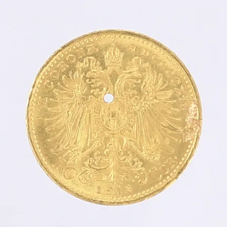 Mynt, 10 Corona Österrike 1912, Ø19mm, borrhål rakt igenom, 21,6K Vikt: 3,3 g
