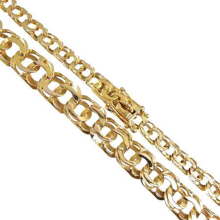 Halskedja Bismarck, 18K guld, doserad och manglad modell, Guldvaruaktiebolaget G. Dahlgren & Co Ab, Malmö, svensk kontrollstämpel, längd knäppt 43,0 cm, bredd 4 - 7,5 mm Vikt: 17,9 g