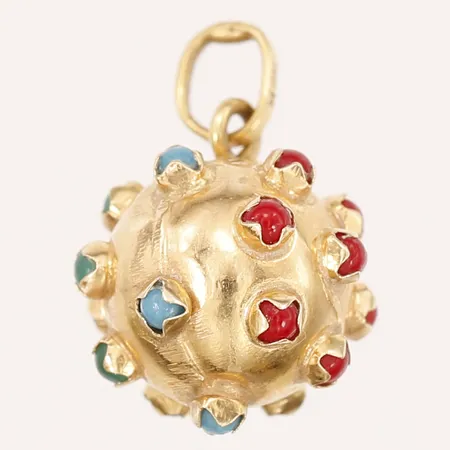 Berlock med olikfärgade stenar, höjd inkl. ögla: 20mm, Ø13mm, 18K guld.  Vikt: 2 g