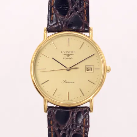 Herrur Longines Présence, stål, quartz (går ej), 32mm, datum, boettnr: 24810716, läderband ej original, inga tillbehör  